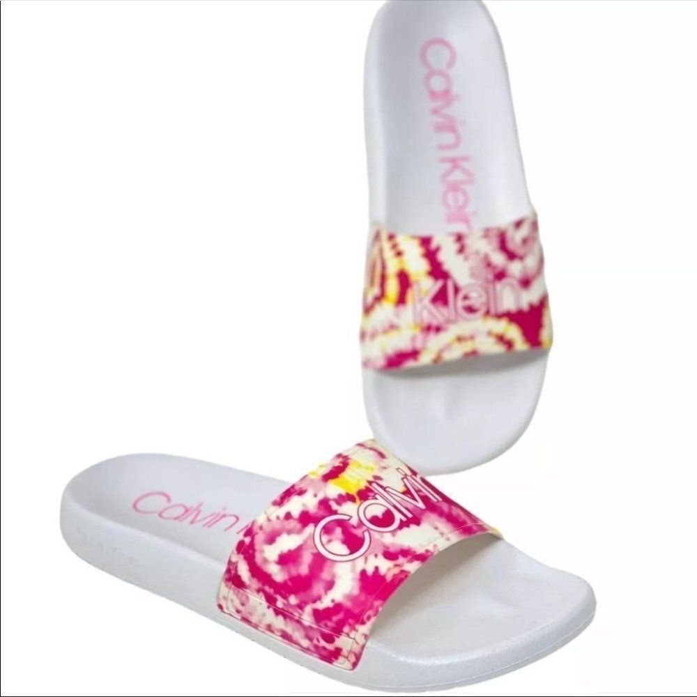 CALVIN KLEIN Sandals Womens 6 Pink Tie Dye Slides Cilla Colorful Resortwear Fun